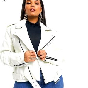 ASOS DESIGN Curve oversized leather look biker jacket in white
